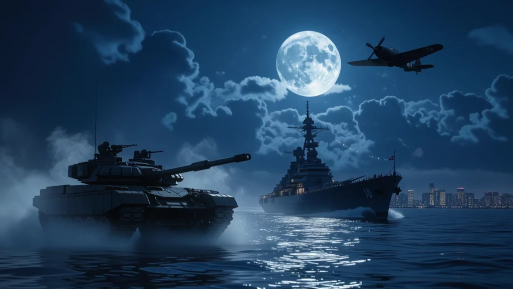 A háborúval kapcsolatos álom képe, amelyben tankok és hadihajók tűnnek fel a holdfényben, a félelem és a bátorság szimbólumai.
