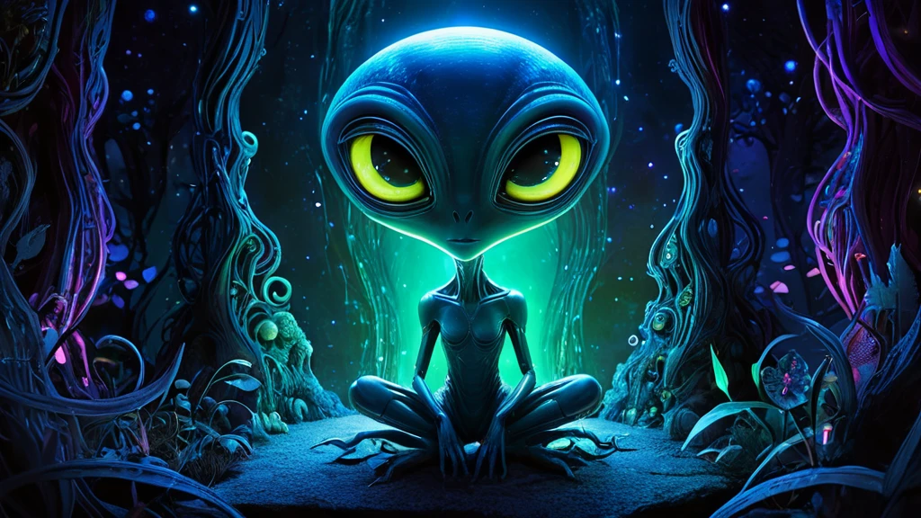 Egy földönkívüli lény meditál egy varázslatos erdőben, ami az ismeretlent és a tudat mélységeit jelképezi.