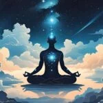 A meditáló figura a csillagok alatt, az álmok és a tudatosság kapcsolatát szimbolizálja.