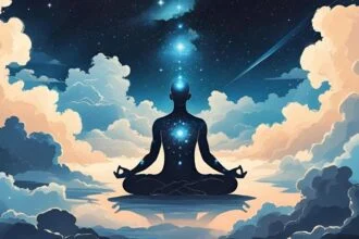 A meditáló figura a csillagok alatt, az álmok és a tudatosság kapcsolatát szimbolizálja.