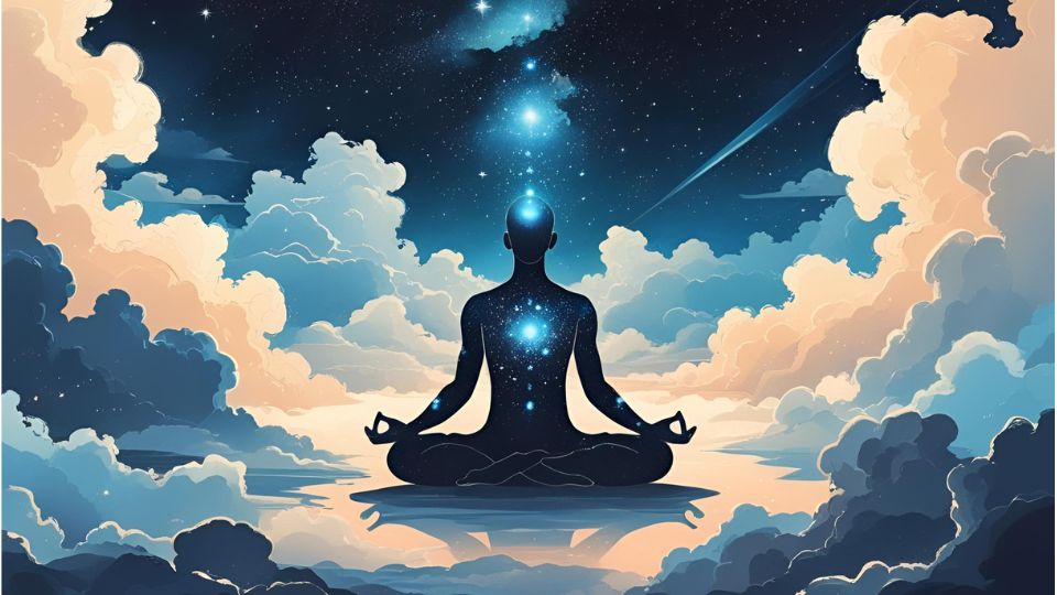 A meditáló figura a csillagok alatt, az álmok és a tudatosság kapcsolatát szimbolizálja.