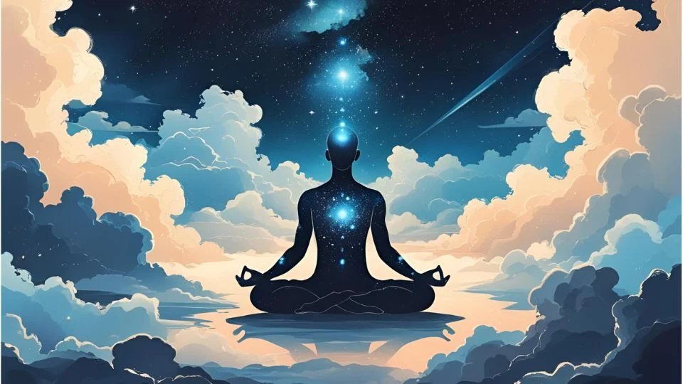 A meditáló figura a csillagok alatt, az álmok és a tudatosság kapcsolatát szimbolizálja.