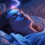 Egy nő álmodik, míg a csillagok és galaxisok látszanak a feje felett, utalva a tudatos álmodásra.