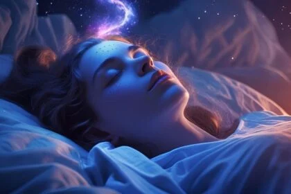 Egy nő álmodik, míg a csillagok és galaxisok látszanak a feje felett, utalva a tudatos álmodásra.