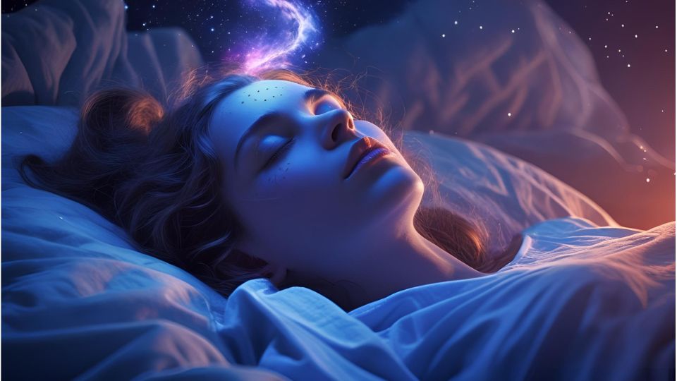 Egy nő álmodik, míg a csillagok és galaxisok látszanak a feje felett, utalva a tudatos álmodásra.
