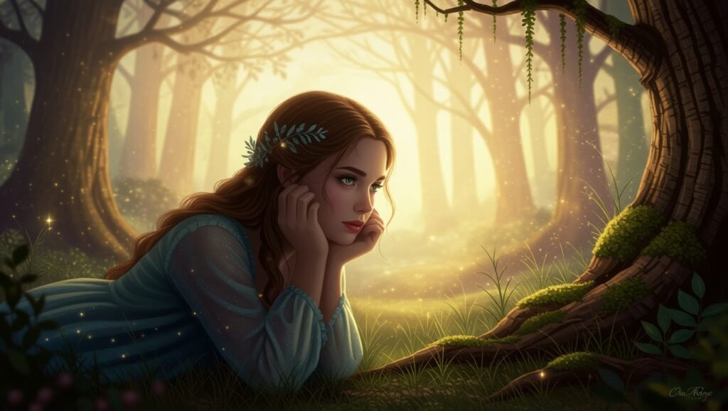 A nő álmodozva fekszik a fűben, körülötte varázslatos erdő.