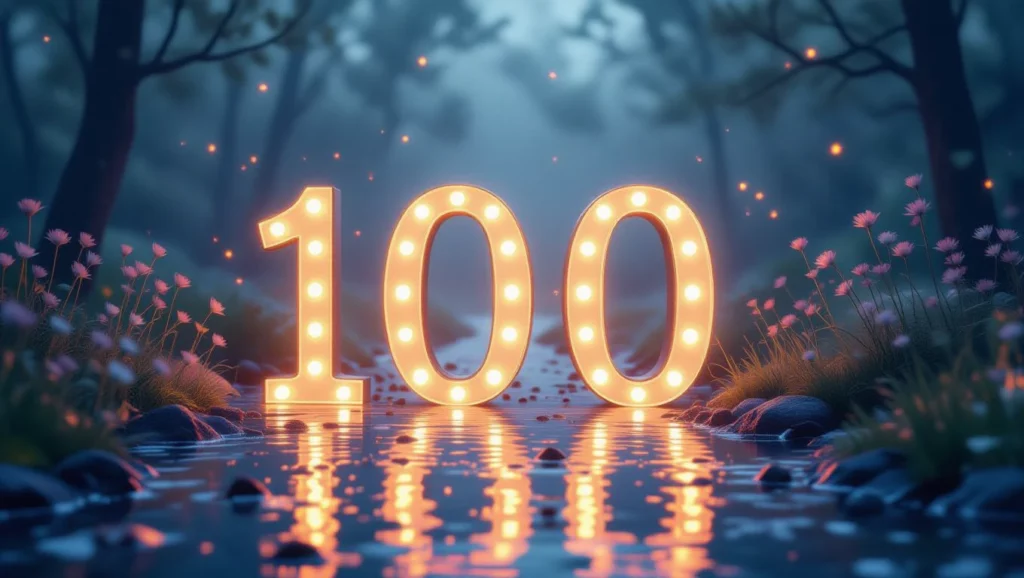 A 100-as szám fényes, varázslatos környezetben jelenik meg, ami siker és teljesítmény szimbóluma az álmokban.