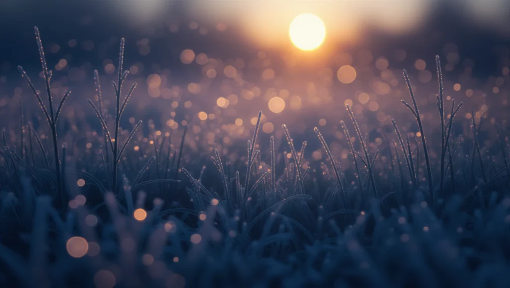 A hajnal fénye és a harmatos fű álomszerű képe, amely a megújulás és a remény szimbóluma.