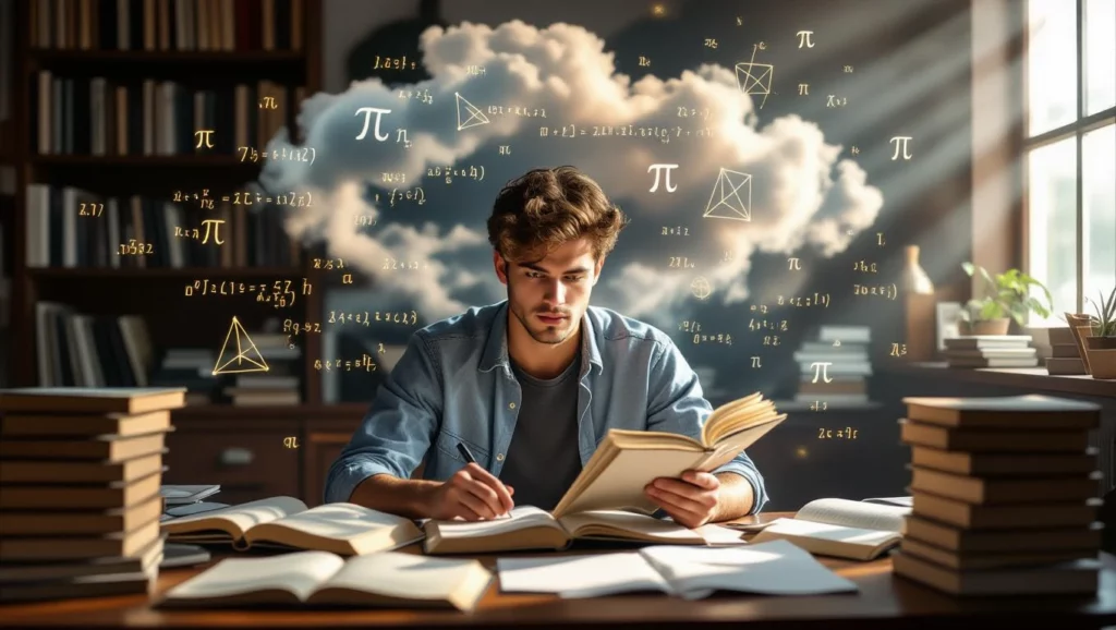 Egy fiatal férfi tanul, könyvek között ülve, álmaiban matematikai képletek és geometriai formák lebegnek.
