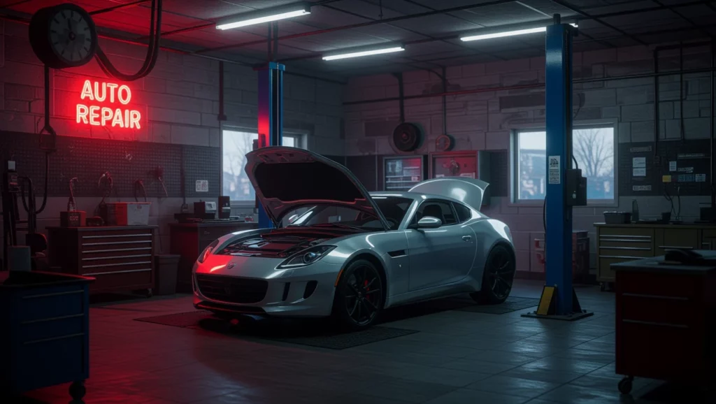 Az autószerelő műhelyben egy nyitott motorháztetőjű autó álmodozó hangulatot teremt, a jövőbeli lehetőségeket szimbolizálva.