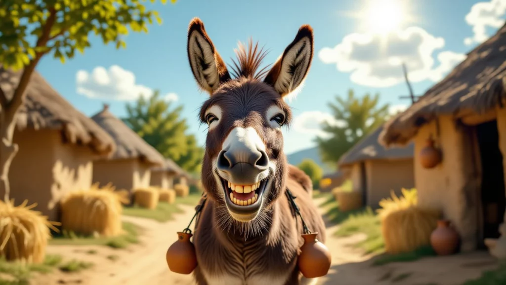 Egy mosolygó csacsi áll egy vidéki tájban, házak és fák között.