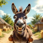 Egy mosolygó csacsi áll egy vidéki tájban, házak és fák között.