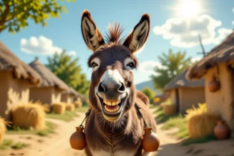 Egy mosolygó csacsi áll egy vidéki tájban, házak és fák között.