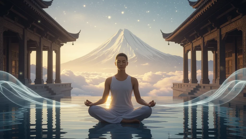 Egy meditáló személy ül a víz tükrén, háttérben a Fuji-hegy és hagyományos épületek, a csend szimbolizálva a belső békét.