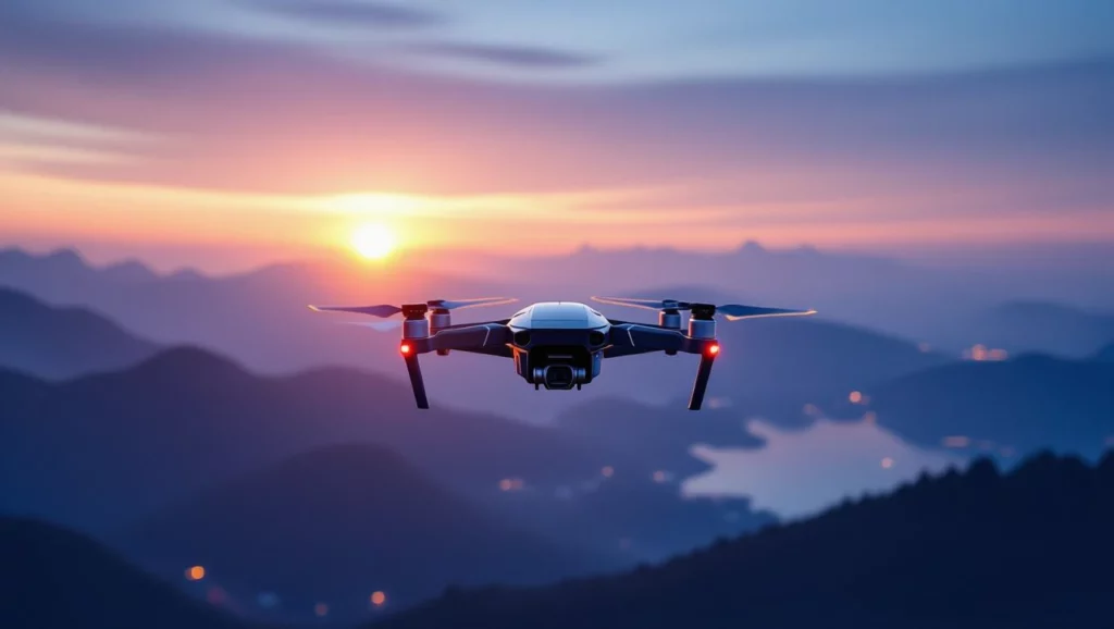 A drón a naplementében repülve új perspektívákat és lehetőségeket szimbolizál, felfedezve az álmok világát.