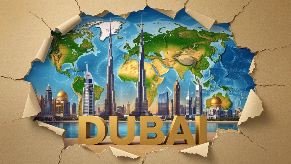 Dubai városának látképe, modern felhőkarcolókkal és a világ térképével.