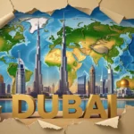Dubai városának látképe, modern felhőkarcolókkal és a világ térképével.