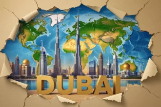 Dubai városának látképe, modern felhőkarcolókkal és a világ térképével.
