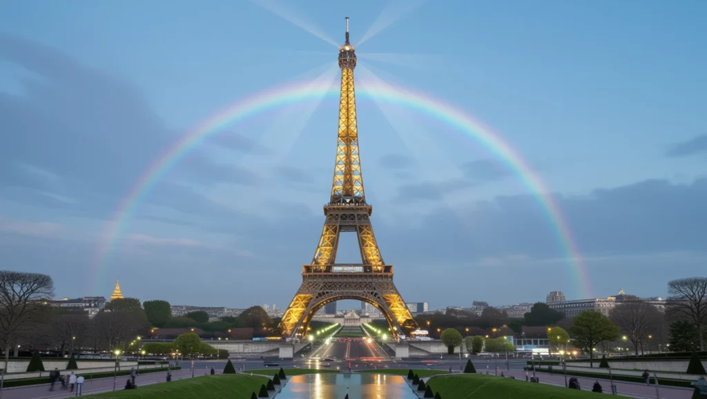 Az Eiffel torony alatt ívelő szivárvány álomszerű látványt nyújt, ami reményt és boldogságot szimbolizál.