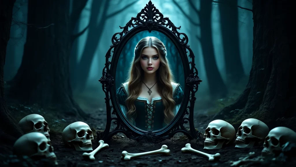 Az elátkozott tükör előtt álló női alak a múlt titkait rejti, jelezve a belső félelmeket és rejtett vágyakat.