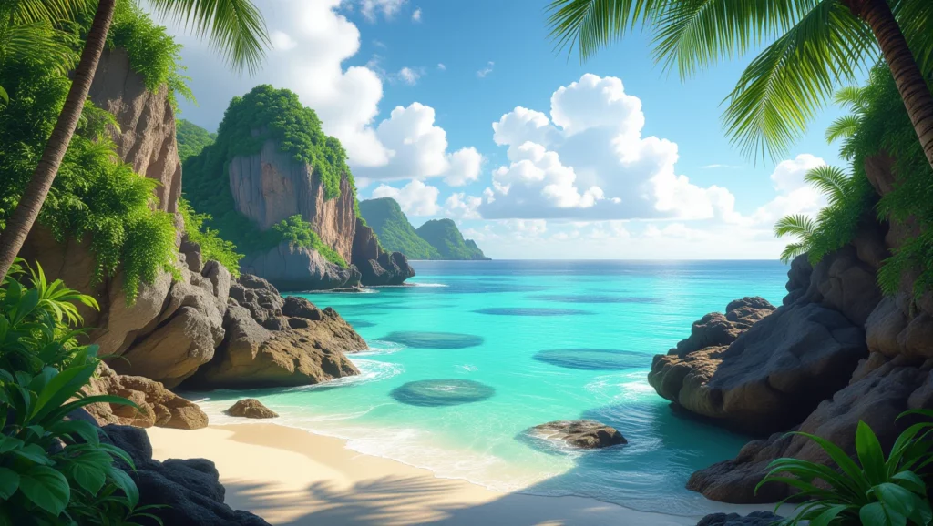 Egy elhagyatott sziget tengerpartja, zöld dombokkal és kristálytiszta vízzel, álmaink helyszíne.