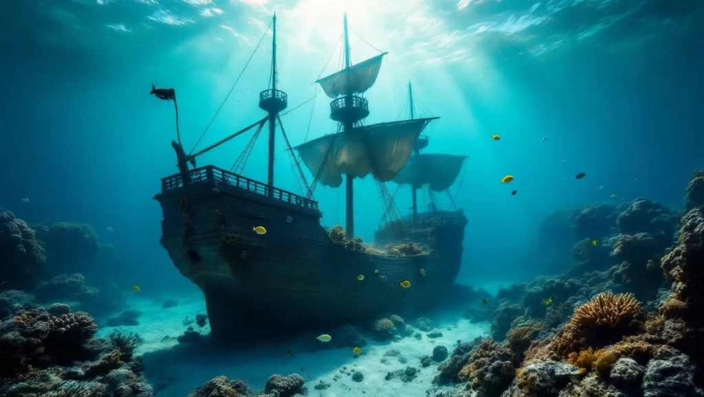 A tenger mélyén elsüllyedt kalózhajó, korallok között rejtőzködve, az álmainkban gyakran a kalandok és titkok szimbóluma.