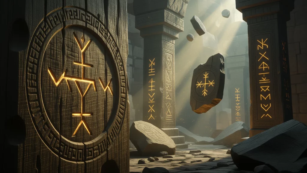 Faragott jelek és szimbólumok egy ősi templomban, fények és árnyékok játékával.