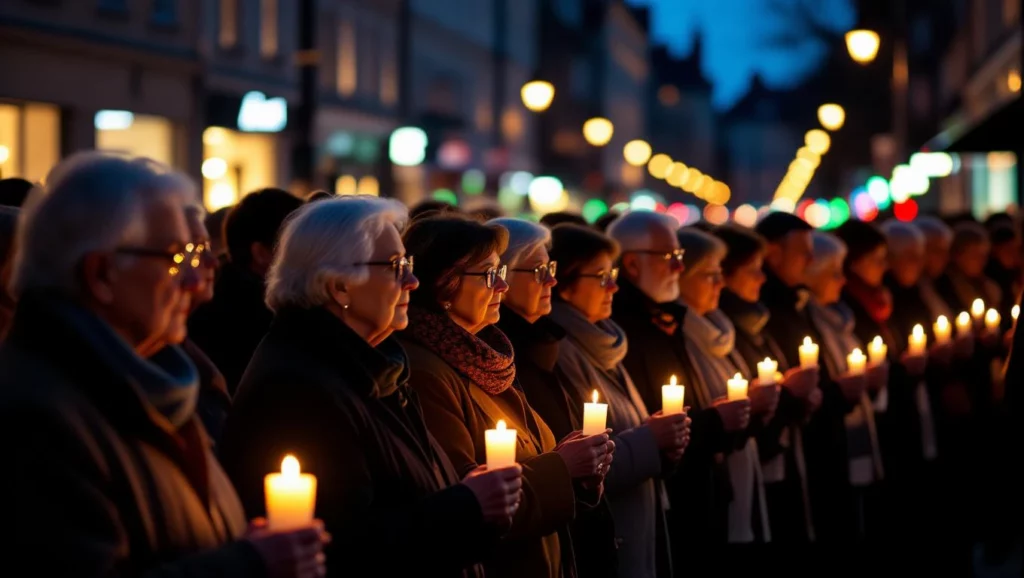 Egy csoport idős ember áll egy sötét utcán, gyertyalángot tartva a kezükben, fohászkodva.