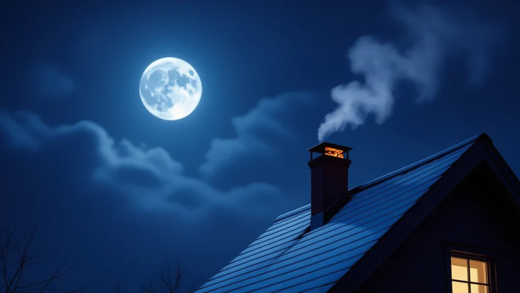 A füstölgő kémény és a telihold álomszerű látványt nyújt, ami a biztonság és a melegség érzését kelti.