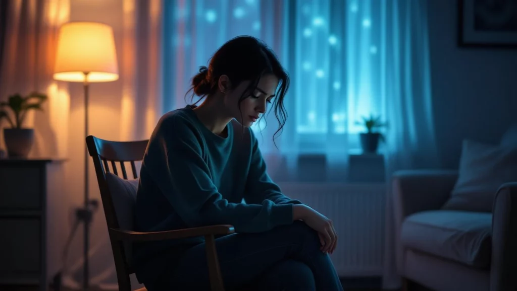 Egy nő gátlásokkal küzdve ül egy széken, mellette lágy fények és csillagok.