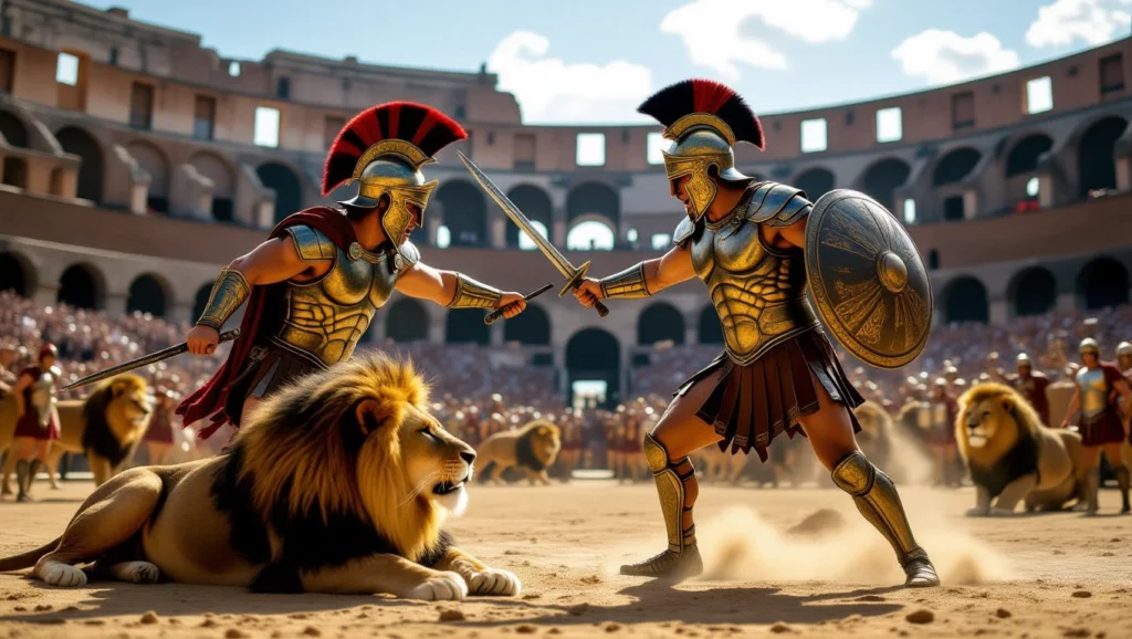 A gladiátorok harca egy oroszlán előtt, bátorság és kihívás álmokban.