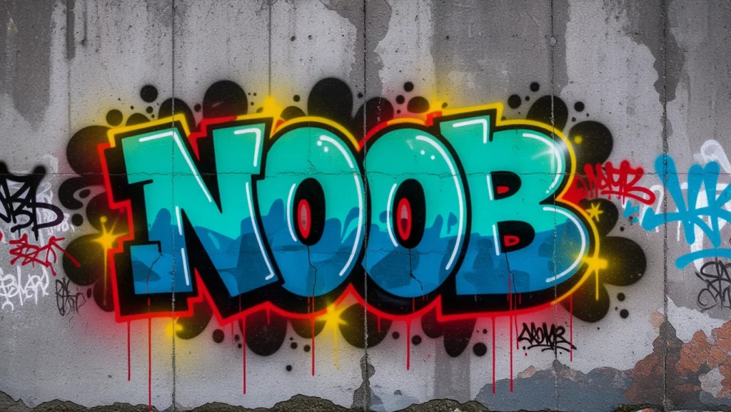 Színes graffiti felirat, amely a 'NOOB' szót ábrázolja egy falon.