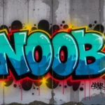 Színes graffiti felirat, amely a 'NOOB' szót ábrázolja egy falon.