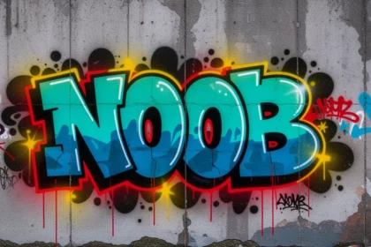 Színes graffiti felirat, amely a 'NOOB' szót ábrázolja egy falon.