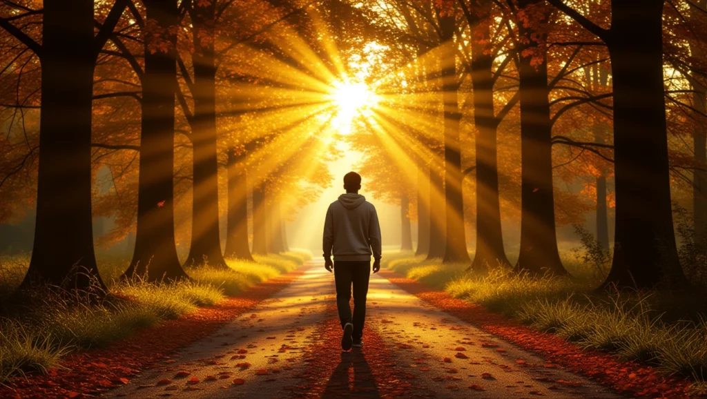 Egy férfi sétál egy fák által szegélyezett úton, őszies naplementében.