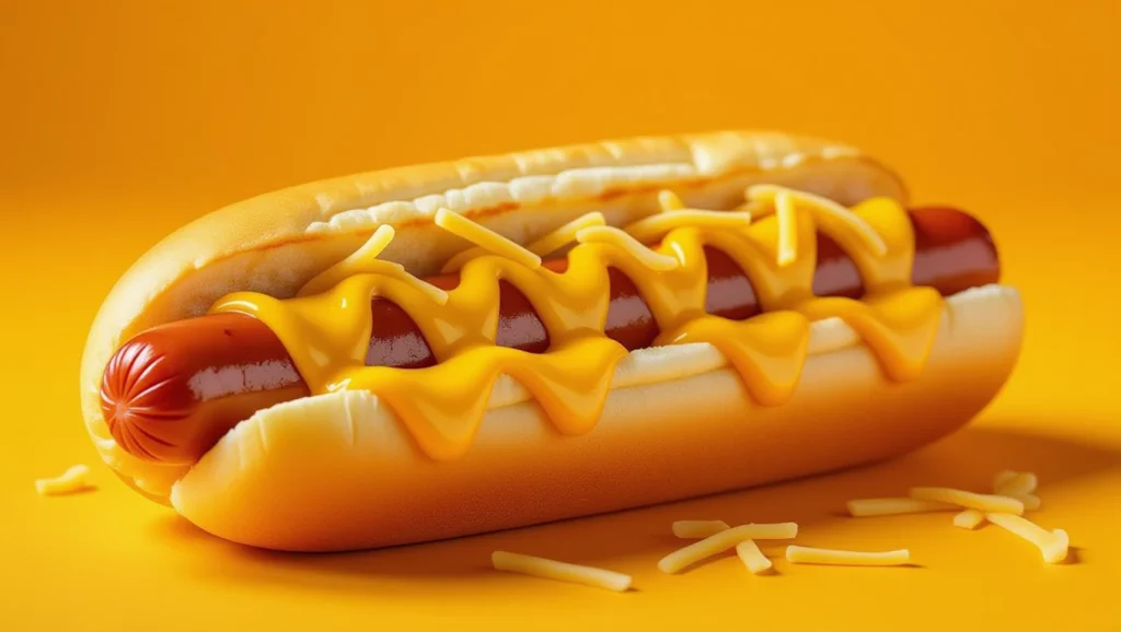 Egy ízletes hot-dog, sárga mustárral és reszelt sajttal, élénk sárga háttér előtt.
