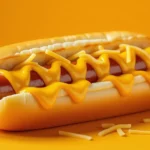 Egy ízletes hot-dog, sárga mustárral és reszelt sajttal, élénk sárga háttér előtt.