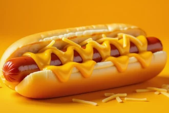 Egy ízletes hot-dog, sárga mustárral és reszelt sajttal, élénk sárga háttér előtt.