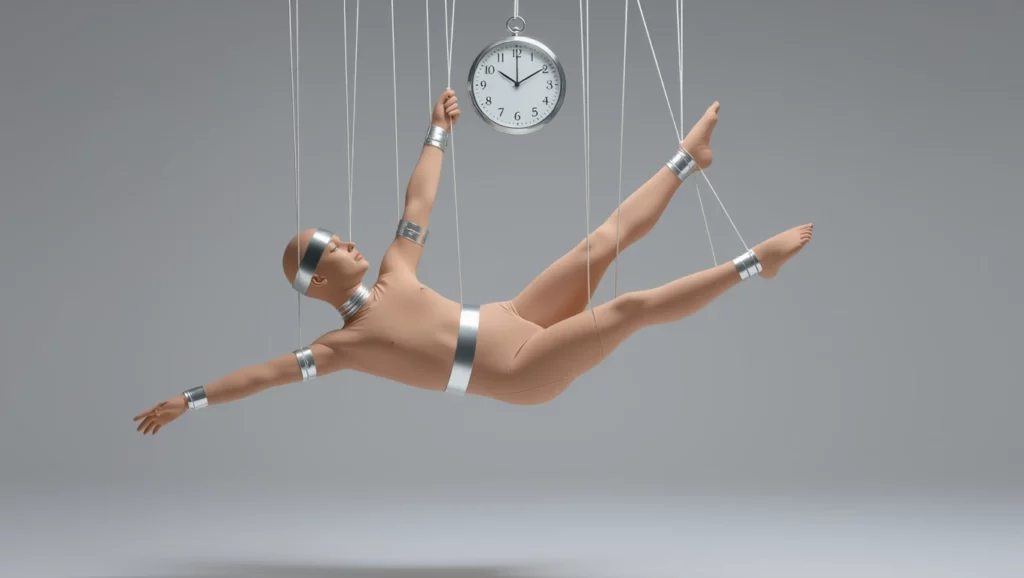 A képen egy báb látható, amely az idő múlását szimbolizálja, álmainkban a kontroll és a szabad akarat kérdéseit vetve fel.