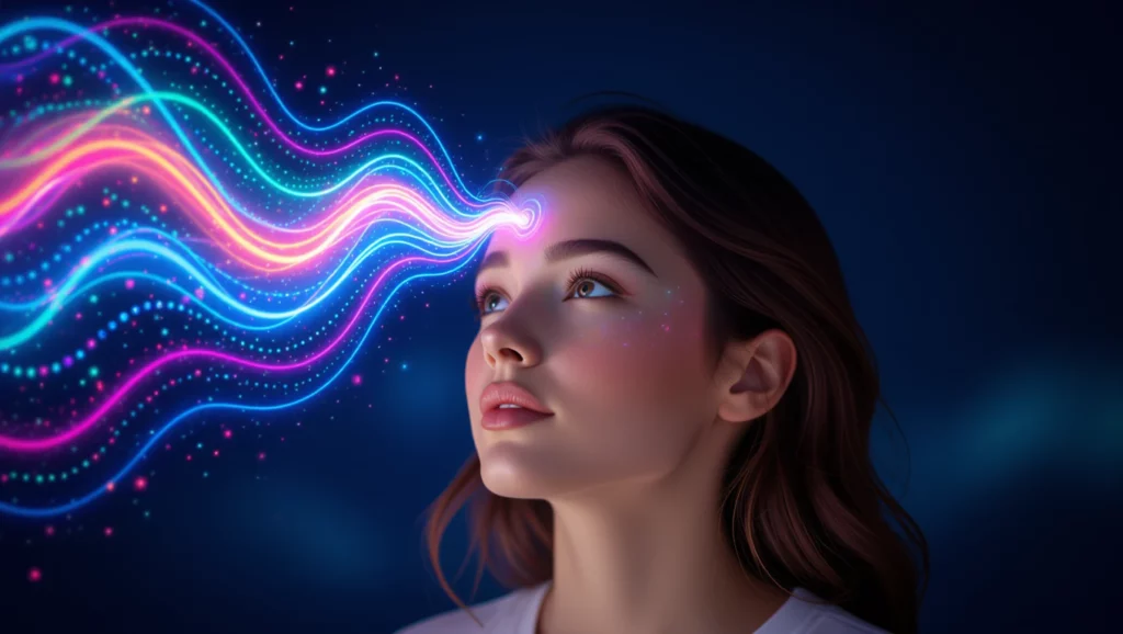 A kép egy fiatal lányt mutat, aki a jövőbe tekint, színes fények áramlanak a homlokából, ami az álmaik beteljesülését szimbolizálja.