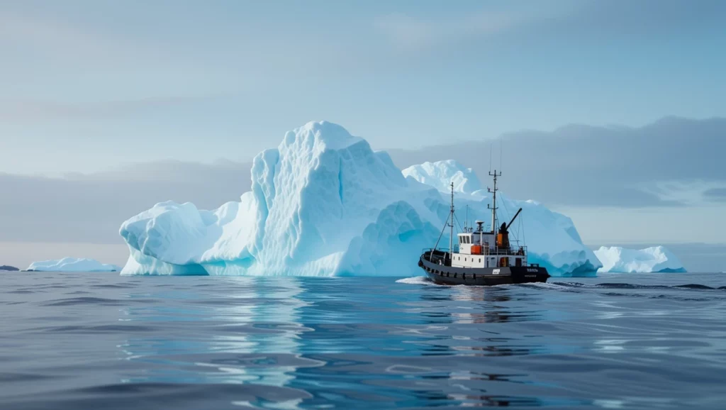 Az óceán közepén álló jéghegy a felfedezés és az ismeretlen szimbóluma, ami mélyebb érzelmi állapotokat is tükrözhet.