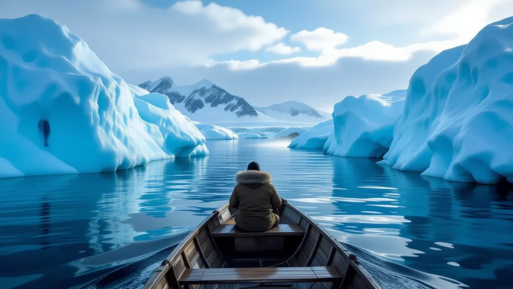 Egy hajós jégtáblák között navigál a nyugodt vízen, a háttérben hegyek láthatók.