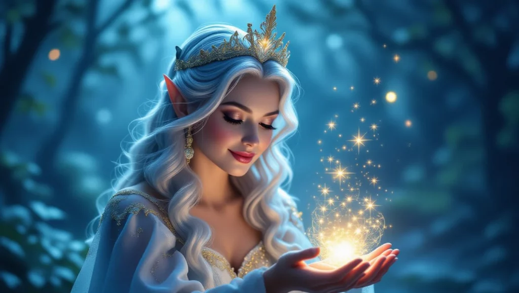 A jótündér varázslatos fényt tart a kezében, amely az álmok és vágyak beteljesülését szimbolizálja.
