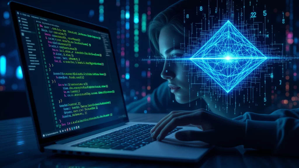 Egy nő laptopon kódot olvas, miközben holografikus elemek jelennek meg.