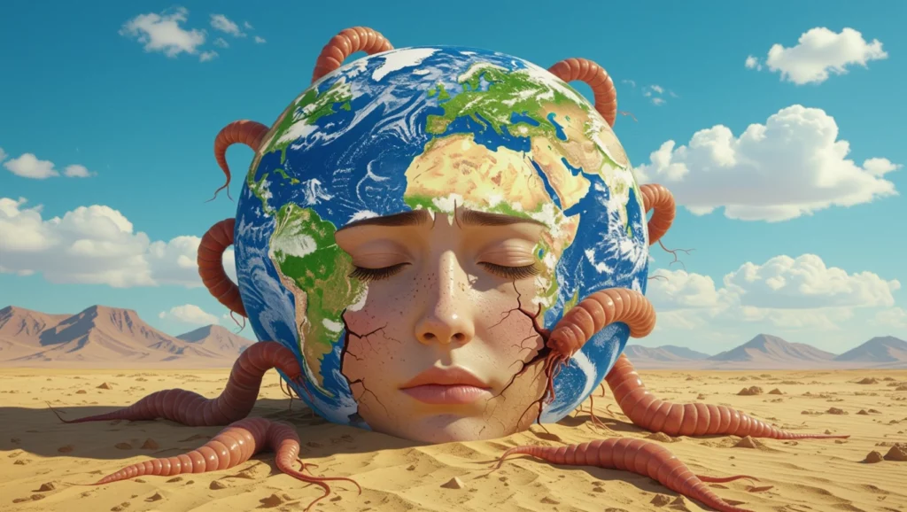 Egy női arc és a Föld szimbólumai, a pusztulás és a belső feszültség érzései.