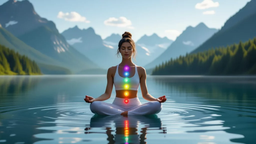 Egy nő meditál a víz tükrén, háttérben hegyek, színes csakrák világítanak a testén.