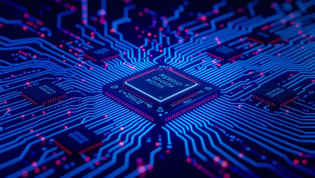 Egy modern, kék fényben ragyogó áramkör, középen egy LCD inverter chip található.