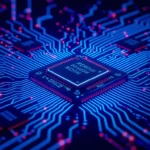 Egy modern, kék fényben ragyogó áramkör, középen egy LCD inverter chip található.