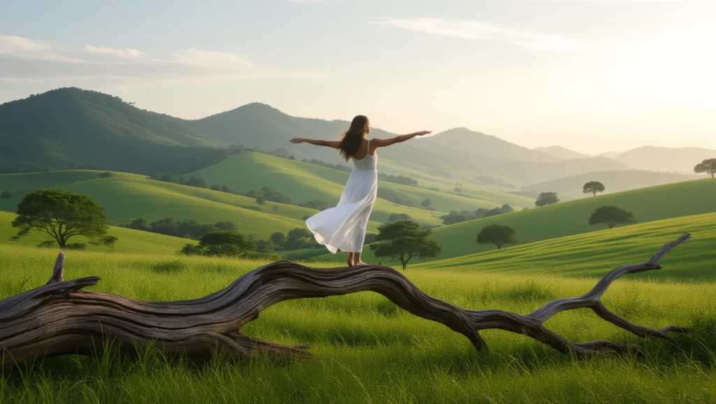 Egy nő álomszerű tájon áll, szabadon táncolva, a természet harmóniáját élvezve.