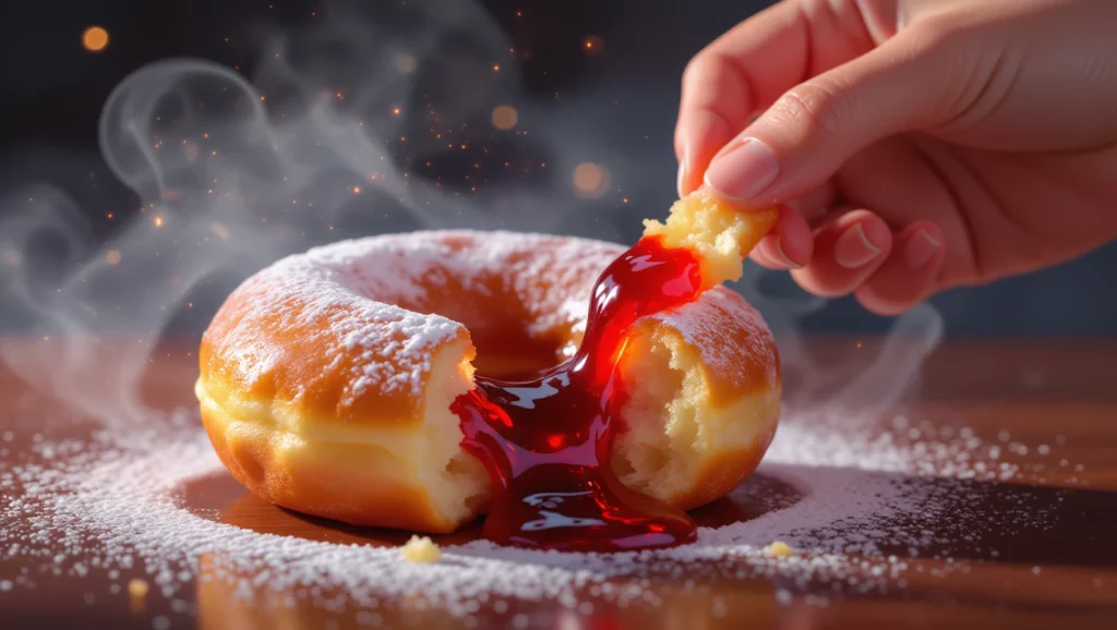 Egy lekvárral töltött fánk, amelyből piros lekvár csordul ki, édes és ízletes látvány.